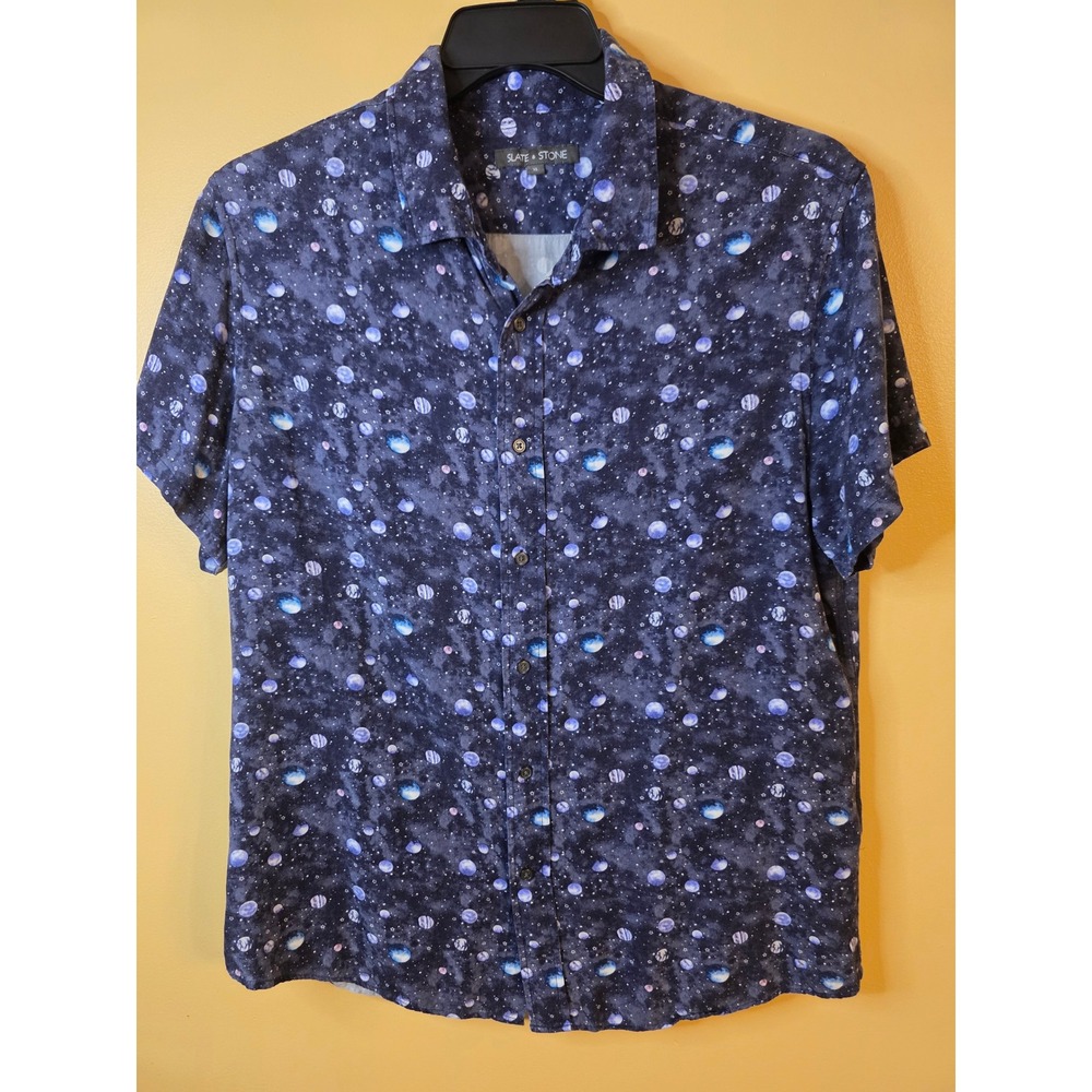 Slate & Stone Mens XL Galaxy Planet Print Short Sleeve Button Down Shirt Navy